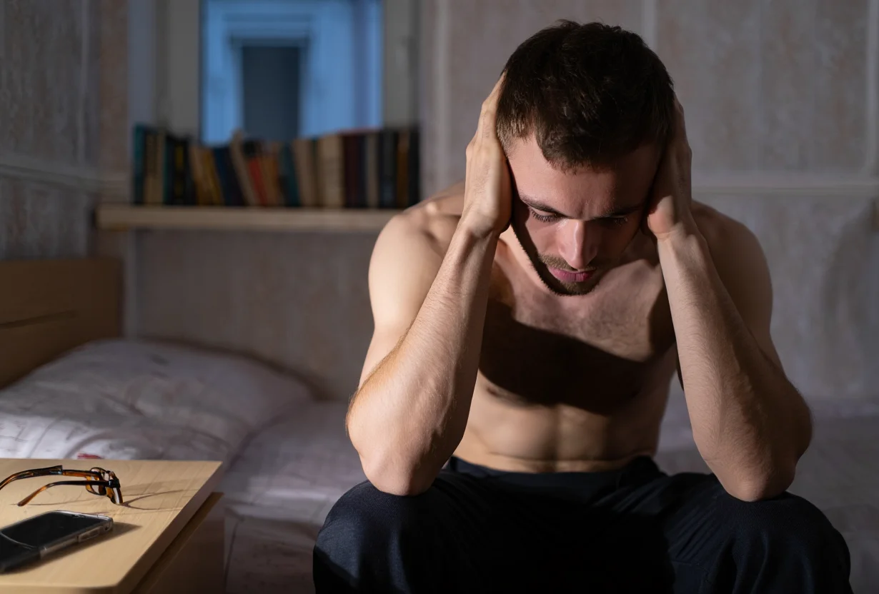 Мужчина сидит на кровати и держится за голову